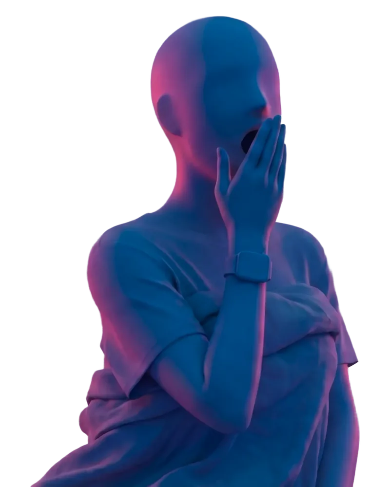 A faceless figure yawning, wrapped in a blanket, a smartwatch on the wrist